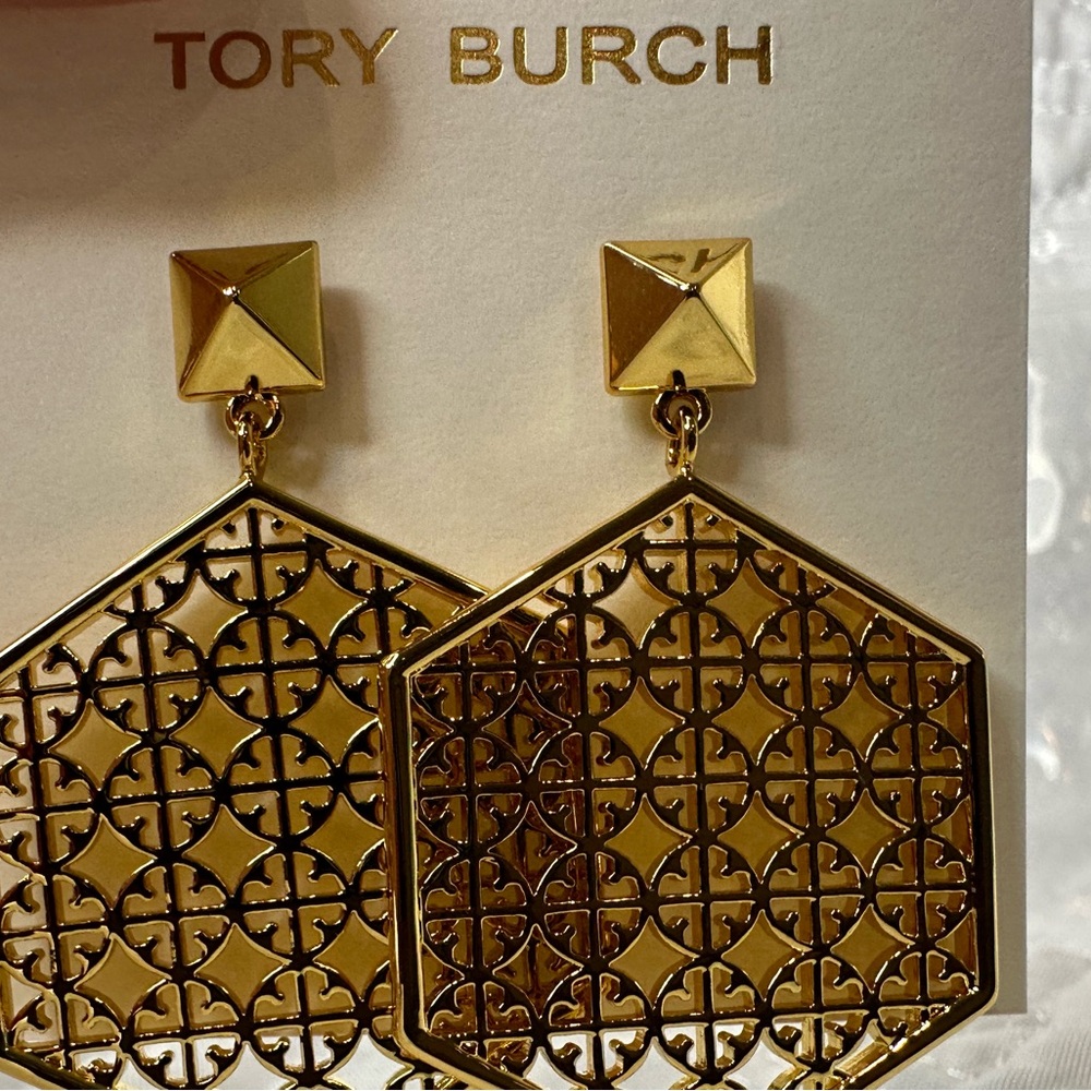 NWT Tory Burch Gold Logo Hexagon Drop Post Earrings
